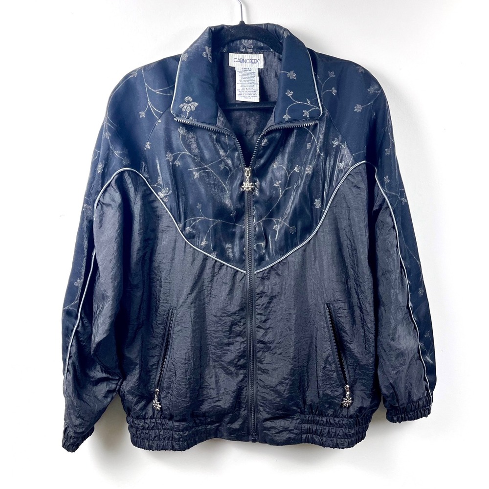 VTG Cabin Creek Black Floral Shimmer Windbreaker Jacket Full Zip Small